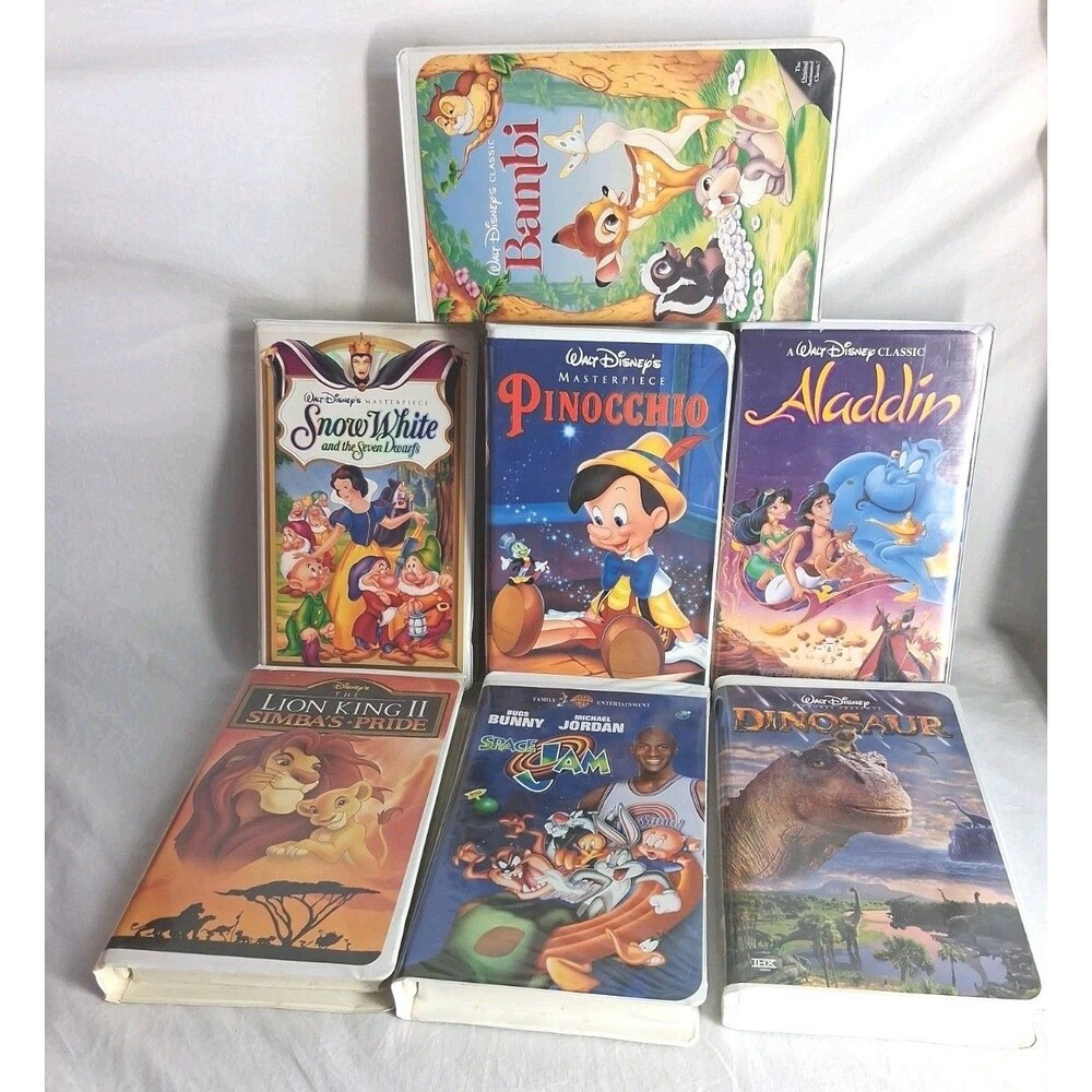 Lot of 5 Vintage Disney VHS Movies Snow White Lion King Bambi Dinosaurs Aladdin